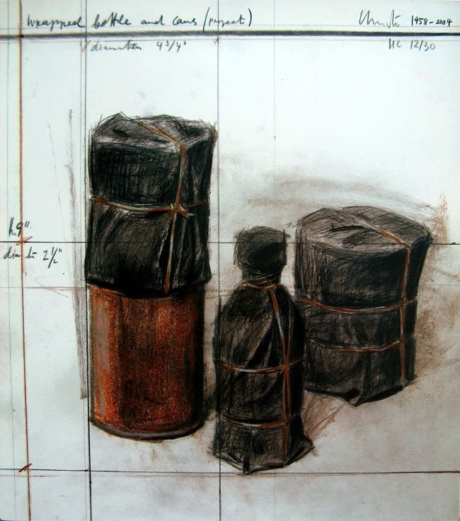 Available for Sale: Christo Wrapped Bottles and Cans (Project) 1958-2004 6-color lithograph w/hand additions Edition of 200 15.5 X 13.75 in.