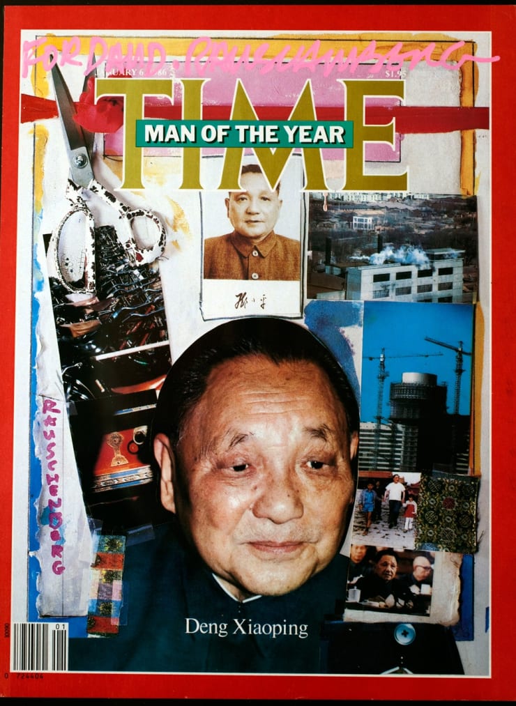 Robert Rauschenberg Deng Xiaoping, TIME Man of the Year, Jan. 6, 1986 original TIME cover Signed in pink paint by Robert Rauschenberg, ‘For David, Rauschenberg’. This is an extremely rare piece. The publisher’s page inside the magazine read, ‘Collage by Robert Rauschenberg. Photograph of Deng by David Hume Kennerly.”