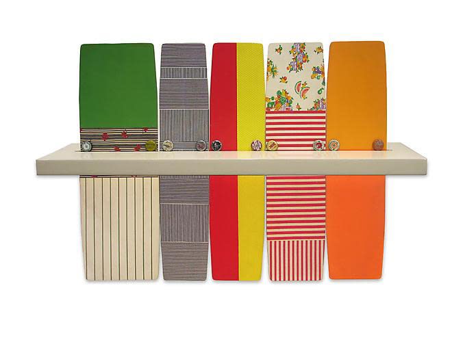 Robert Rauschenberg Publicon Station VI, 1978 Mixed Media- Wood, acrylic, lacquer, collaged silk, cotton fabric, bottle caps 24H X 36W X 12D in., Edition of 30