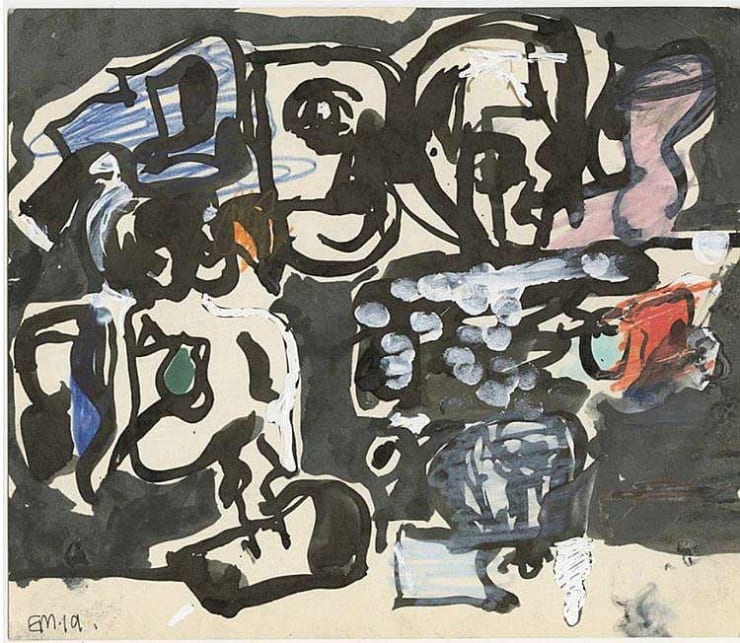 Eddie Martinez Untitled, 2019 Acrylic ink, white out, marker, and crayon on paper 9.25h x 10.75w in For sale at VFA