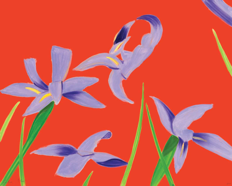 Available at VFA: Alex Katz Purple Irises On Red, 2023 Archival Pigment Ink Print, On Innova Etching Cotton Rag 315 Gsm 24 X 30 Edition Of 150