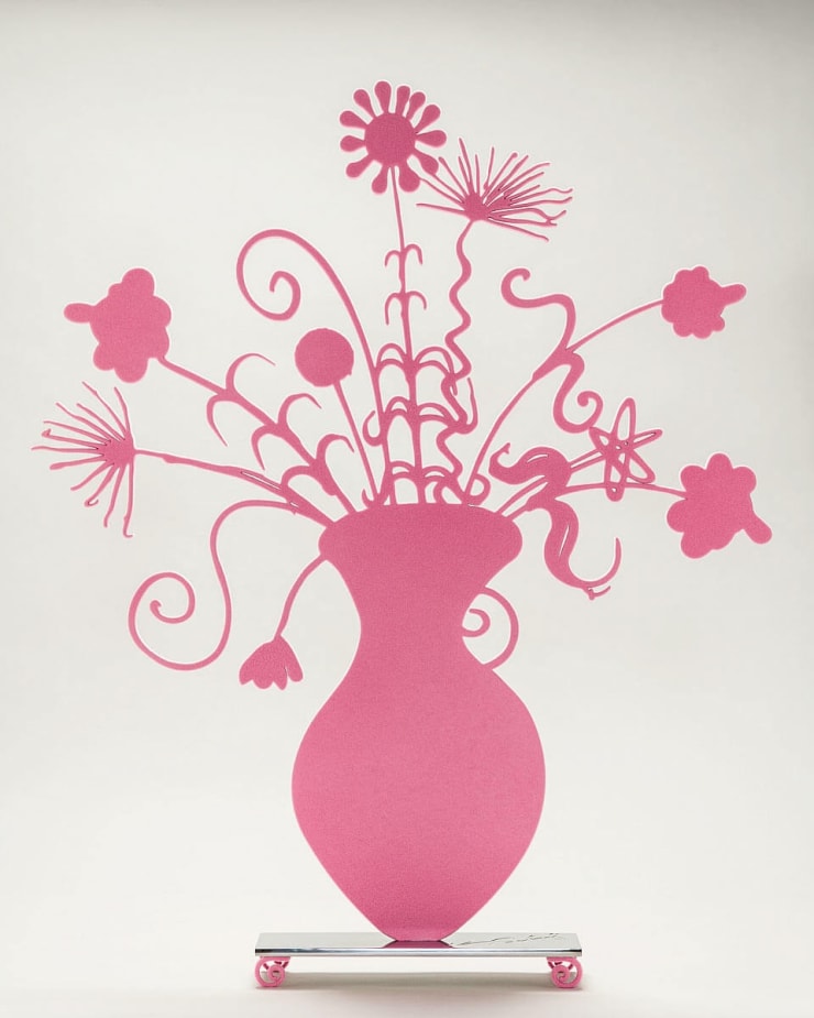 Kenny Scharf Flores (Pink), 2020 Shaped aluminum with black flock mounted to a polished stainless steel base with flocked feet 25h x 21w in 9/25 For sale at VFA