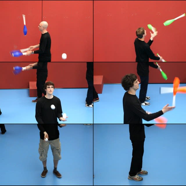 David Hockney (b. 1937), still from The Jugglers, June 24th 2012, 2012. Eighteen-screen video installation, color, sound; 9 min. © David Hockney. Image courtesy Hockney Pictures and Pace Gallery