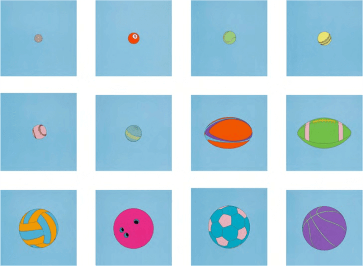 Michael Craig-Martin Sportsballs, 2019 A series of twelve screenprints on Somerset Satin 410 gsm, with accompanying portfolio box 15h x 15w in 38.10h x 38.10w cm 11/15 For sale at VFA