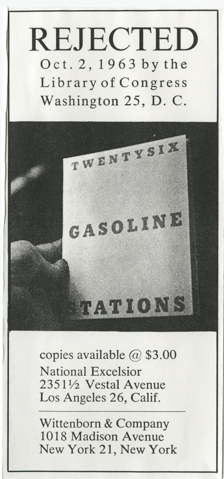 Ed Ruscha REJECTED. Oct. 2, 1963 by the Library of Congress, Washington 25, D.C. Copies available @ $3.00