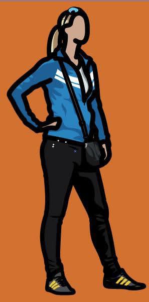 Julian Opie Woman with a pony tail wearing dark sunglasses on her head, with a shoulder bag and stripes on her shoes and sweat shirt 2013 Vinyl on wooden stretcher 84.25h X 41.3w in.