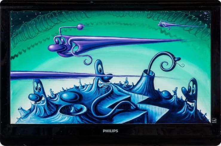Kenny Scharf PHILIPS TIME TO GO, 2022 Oil on Philips flat screen TV 20 × 30 × 5 inches