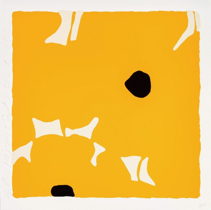 Donald Sultan Yellow Poppies, Sept.. 7th 2022, 2022 Color Silkscreen with enamel inks, flocking, and tar-like texture. on rising 2-ply museum board 30 x 30 in Available at VFA