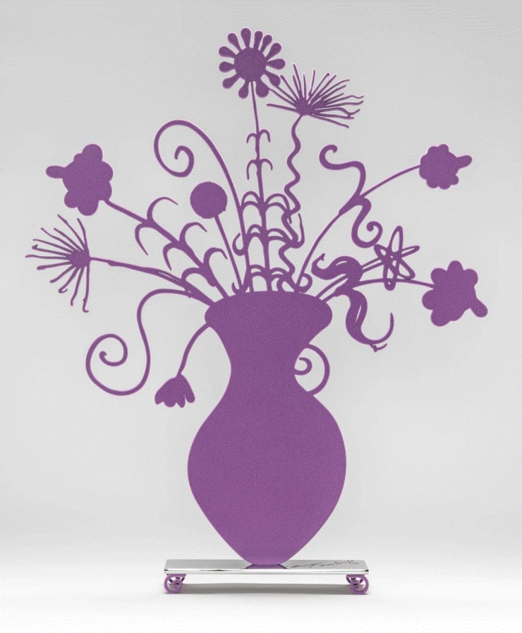 Kenny Scharf Flores (Purple), 2022 Shaped aluminum with black flock mounted to a polished stainless steel base with flocked feet 25 x 21 x 0 3/8 ins 63.5 x 53.34 x 0.97 cm Edition of 15 Available at VFA