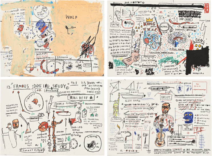 Jean Michel Basquiat Wolf Sausage, King Brand, Dog Leg Study and Undiscovered Genius, 2019 Portfolio of four hand-pulled limited edition screenprints 22h x 30w in 55.88h x 76.20w cm 50 For sale at VFA