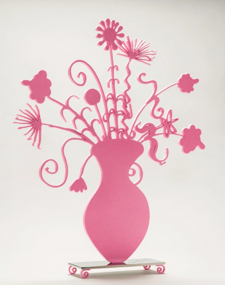 Kenny Scharf FLORES (PINK), 2020 Shaped aluminum with black flock mounted to a polished stainless steel base with flocked feet 25 x 21 x 0 3/8 ins 63.5 x 53.34 x 0.97 cm Available at VFA