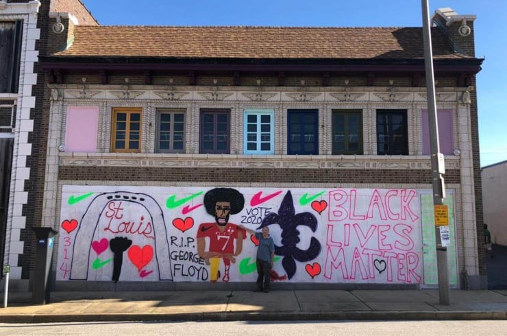 Katherine Bernhardt’s mural on a building in St. Louis that she bought to store her artwork. Photo credit: Elizabeth Bernhardt.