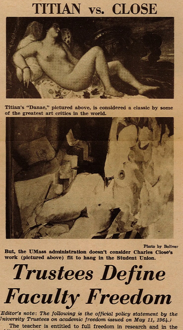 UMass student newspaper with image of Chuck Close's authenticated painting, 1967