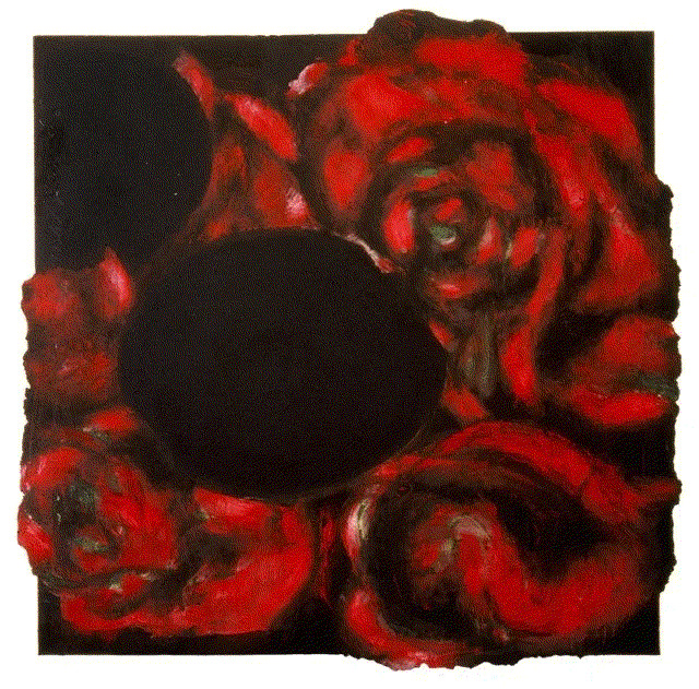 Donald Sultan BLACK EGGS AND ROSES, 2000 Tar, Oil, Spackle on Tile over Masonite 36 x 36 x 5 ins 91.44 x 91.44 x 12.7 cm Available at VFA