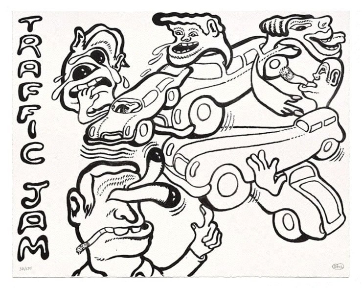 Peter Saul TRAFFIC JAM, 2022 1 Colour Lithograph on Somerset Velvet Warm White 400gsm. 23.6 x 29.9 in Edition of 125 Signed and numbered by the artist Available at VFA