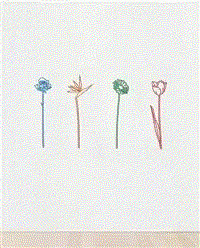 Michael Craig-Martin FLOWERS: ROSE, BIRD OF PARADISE, GERBERA, TULIP, 2023 Sculpture, Polished steel reliefs with spray paint 40 x 10 x1 Each Width 72 in Available at VFA