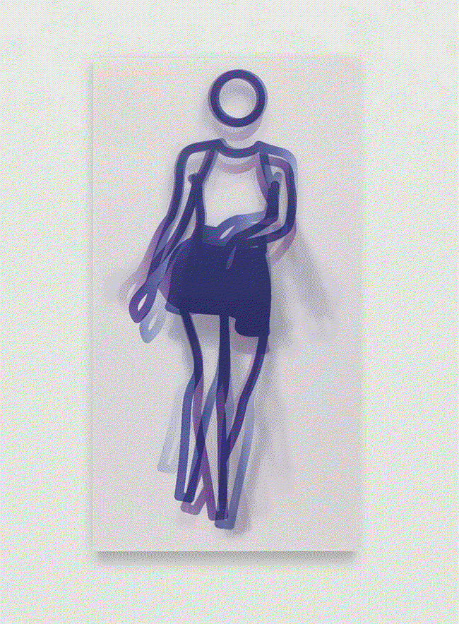 Julian Opie DANCE, FIGURE 1, 2023 Lenticular acrylic panel mounted onto white acrylic 66 7/8 x 36 3/8 x 1 5/8 in 169.9 x 92.4 x 4.1 cm Available at VFA
