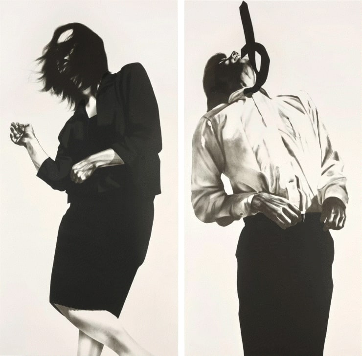 Robert Longo GRETCHEN AND ERIC FROM MEN IN THE CITIES, 1985 Two lithographs in three black colors on Arches 350g rag paper 71 5/8 x 35 7/8 in 182 x 91 cm Edition of 48 Available at VFA