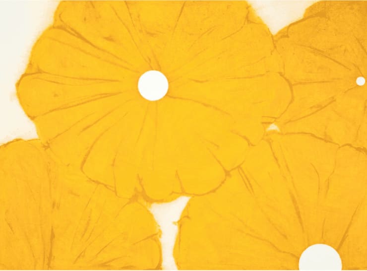 Donald Sultan Four Yellow Poppies April 24, 2024 DS, 2024 Archival pigment ink on Innova Etching Cotton Rag 315 gsm fine art paper 42 x 57 inches (107 x 145 cm) Edition of 35 Available at VFA
