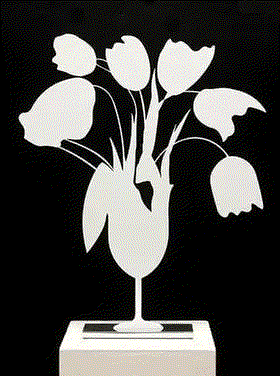 Donald Sultan WHITE TULIPS AND VASE, APRIL 4, 2014, 2014 Painted aluminum on polished aluminum base 24 x 20 x 3 1/2 ins 60.96 x 50.8 x 8.89 cm Available at VFA