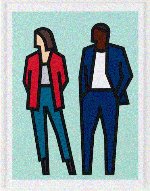 Julian Opie Standing Couples, 2024 Signed on the verso A series of six reliefs with collage on archival Museum Boards, presented in sprayed white frames specified by the artist 100 x 75 1/2 x 29 3/4 in 254 x 191.8 x 75.6 cm Edition of 50 Available at VFA
