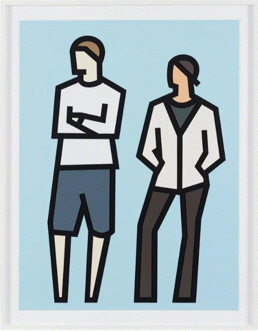 Julian Opie Standing Couples, 2024 Signed on the verso A series of six reliefs with collage on archival Museum Boards, presented in sprayed white frames specified by the artist 100 x 75 1/2 x 29 3/4 in 254 x 191.8 x 75.6 cm Edition of 50 Available at VFA