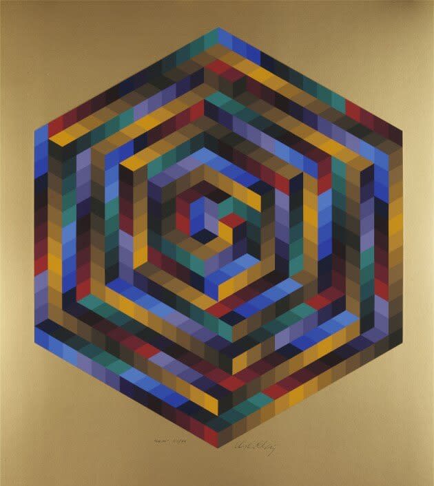 Victor Vasarely La-Mi, from Bach suite, 1973 Screenprint in colors on gold colored paper, 29.5 X 24 in One of the works displayed at the tribute to Victor Vasarely at the French Institute in Budapest.