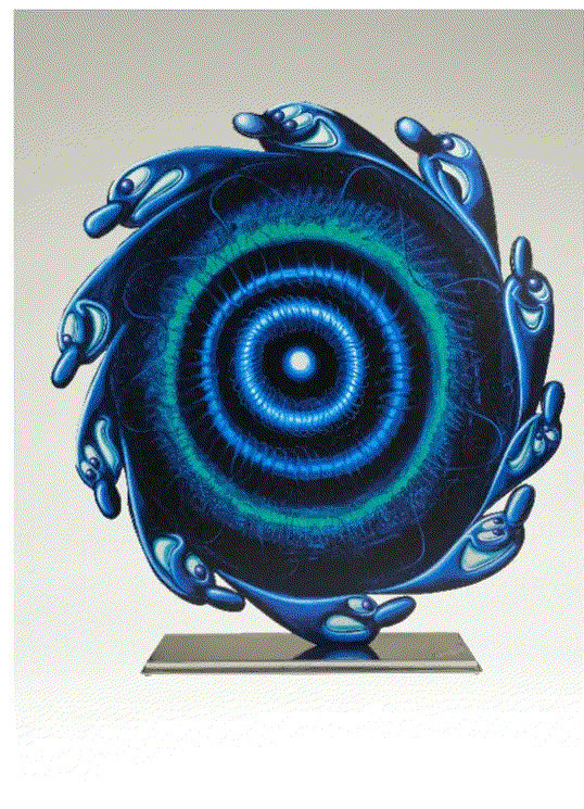 Kenny Scharf STARGET SCULPTURE, 2022 cutout from shaped powder coated aluminum, printed the same on each side with UV coated archival inks, clear coated and mounted to an Aluminum base 24 x 23 in Edition of 30 Available at VFA