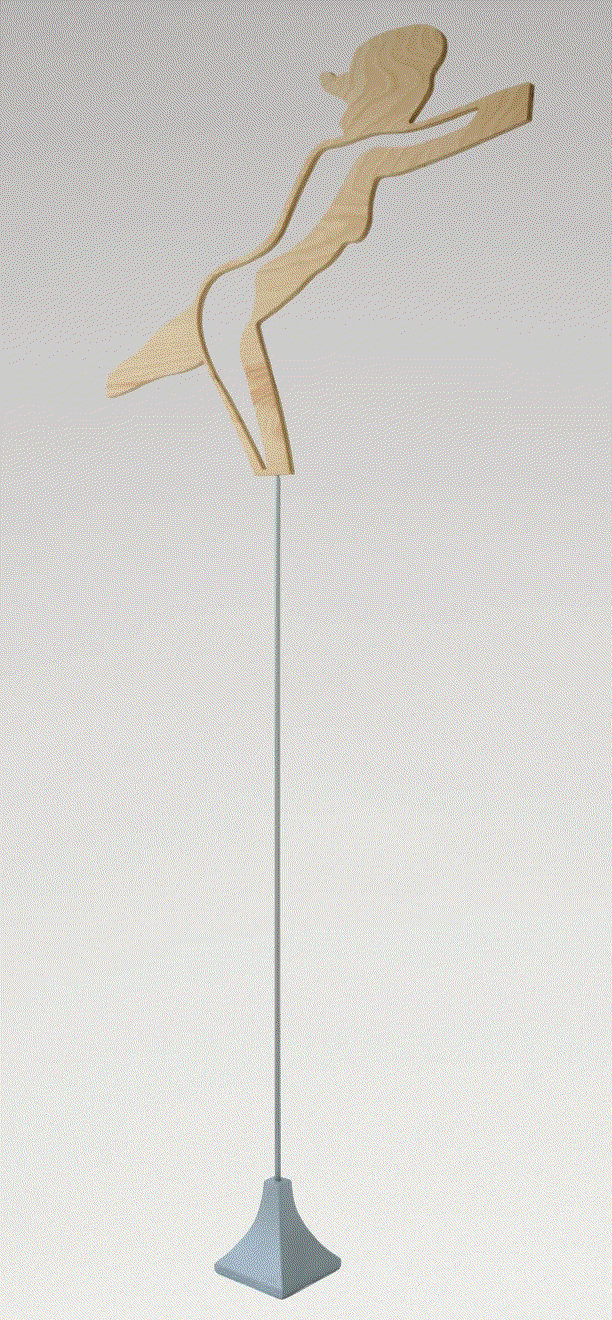 Alex Katz DANCER 3 ON ROD, 2022 Marine Plywood Mounted to 3/8 aluminum rod on aluminum base with peened finish 72 x 32 x 5 1/2 in 182.9 x 81.3 x 14 cm