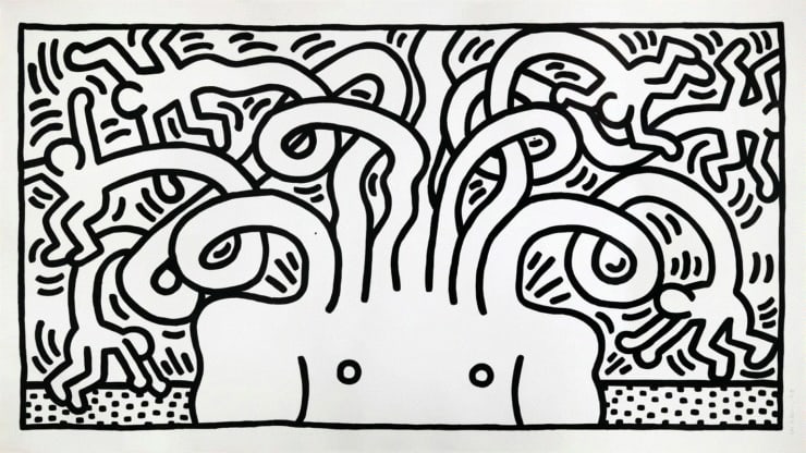 Keith Haring MEDUSA, 1986 Sugar lift aquatint on Hahnemühle Bütten 300g 55 1/8 x 94 1/2 in 140 x 240 cm Edition of 24 Available at VFA