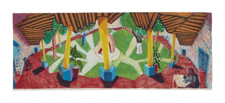 David Hockney HOTEL ACATLAN: TWO WEEKS LATER, FROM; THE MOVING FOCUS SERIES, 1985 Lithograph in colors on two sheets of HMP handmade paper 28 5/8 x 74 ins 72.9 x 187.96 cm Available at VFA