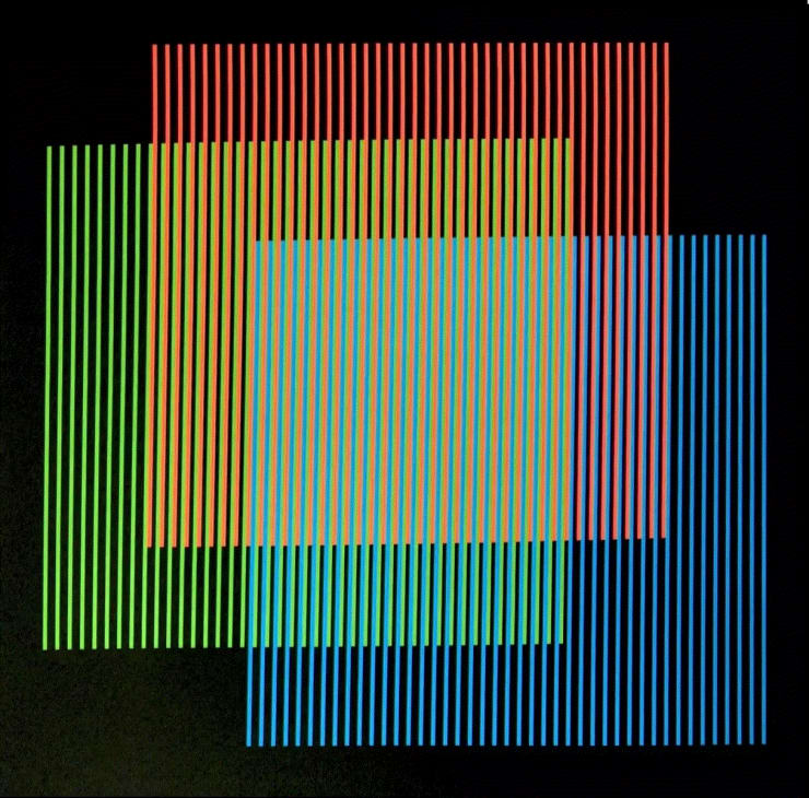 Carlos Cruz-Diez ADDITION CHROMATIQUE RGB SERIE SEMANA - LUNES, 2013, 2013 Lithograph 23 4/8 x 23 4/8 ins 60 x 60 cm Available at VFA