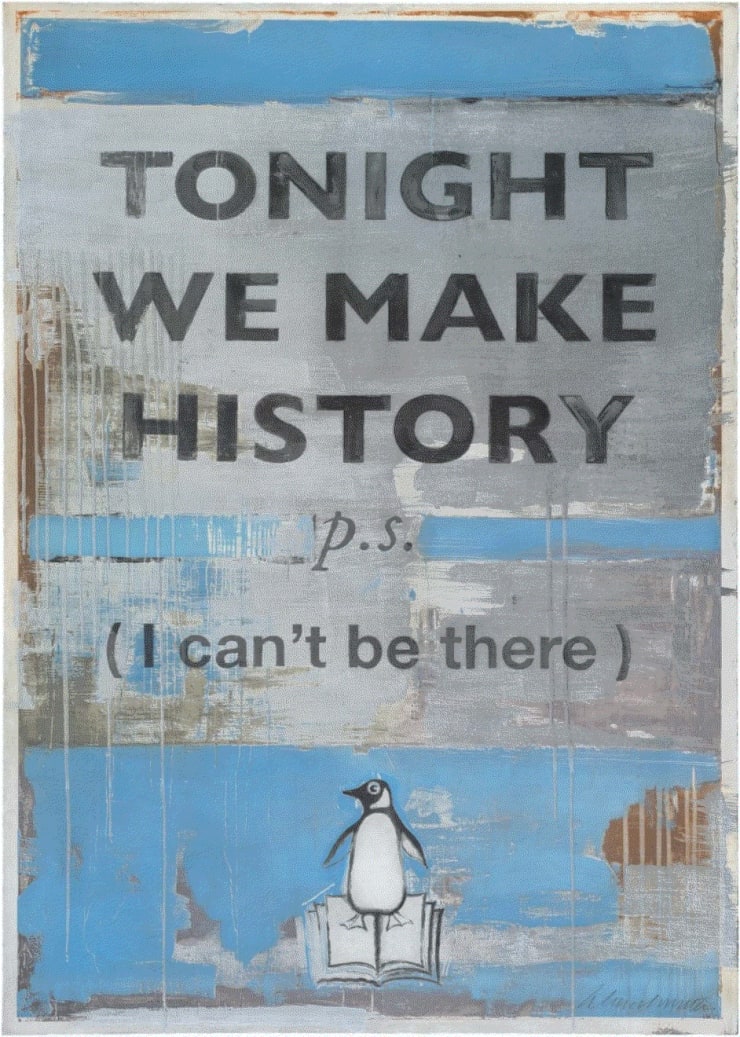 Harland Miller TONIGHT WE MAKE HISTORY (P.S. I CAN'T BE THERE), LILAC, , 2024 Etching with silver chine collé and hand-finishing by the print studio 42 1/2 x 30 1/2 in 108 x 77.5 cm edition of 25 Available at VFA