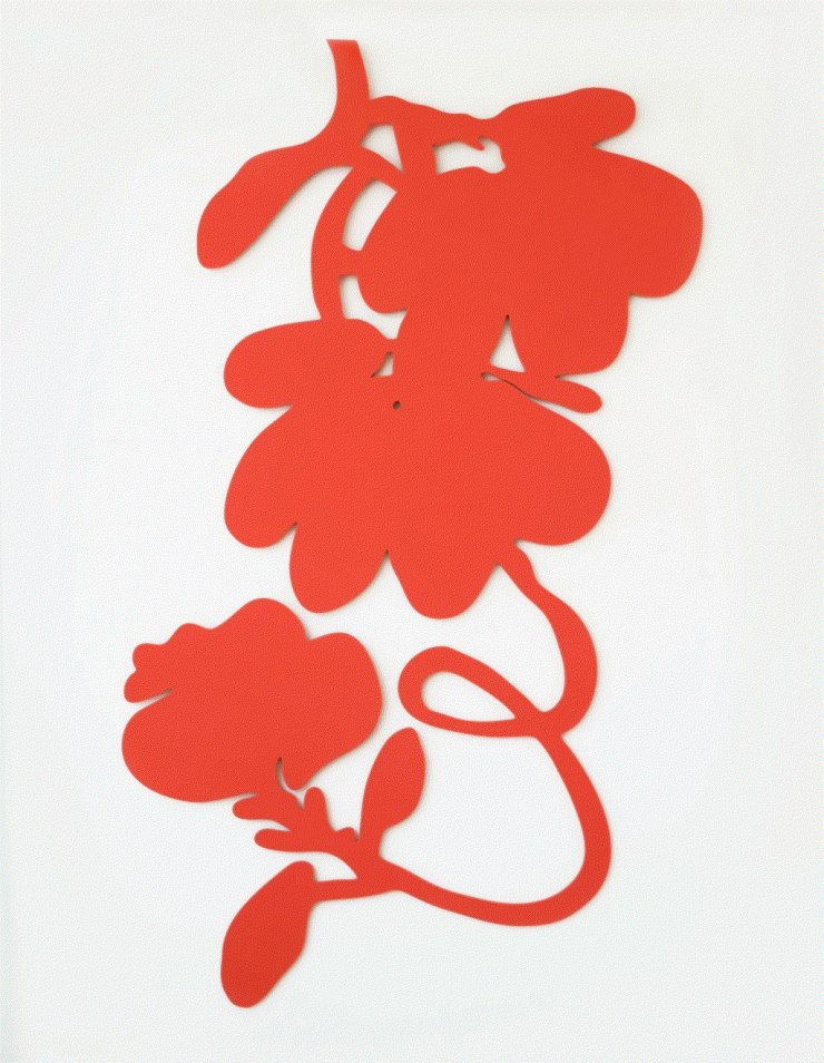 Donald Sultan THREE RED LANTERN FLOWERS, 2022 Shaped Aluminum with Red Flocking 54 x 31 in 137.2 x 78.7 cm Edition of 12 Available at VFA