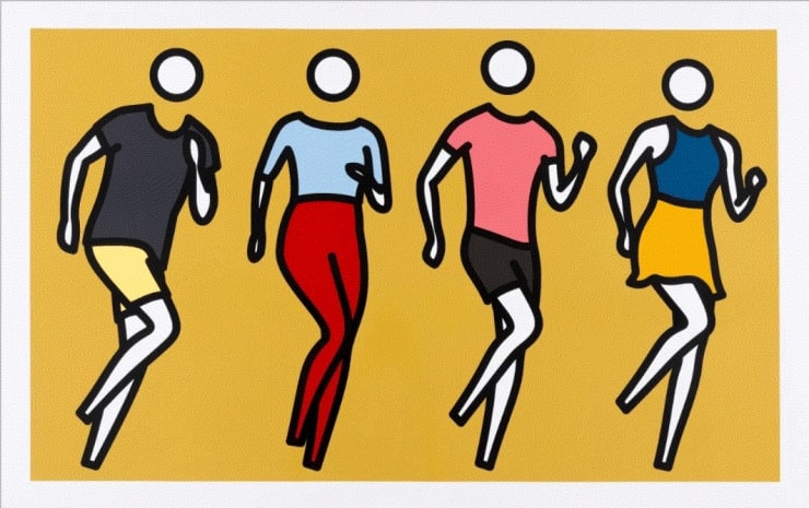 Julian Opie DANCE SYNCED., 2024 A series of five screenprints in 12 colours on Archival Museum boardPaper 37 5/8 x 59 1/2 inches / Image 33 1/4 x 55 1/8 inches (each) 37 5/8 x 59 1/2 in 95.6 x 151.1 cm Edition of 45 plus 5 APs Available at VFA