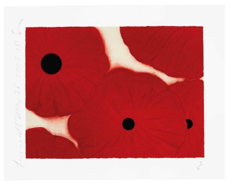 Donald Sultan Four Reds, 2002 initialed in pencil, titled, dated, and numbered Screenprint in colors with felt collage on Somerset paper 22.25 x 28.5 Edition of 150 Available at VFA