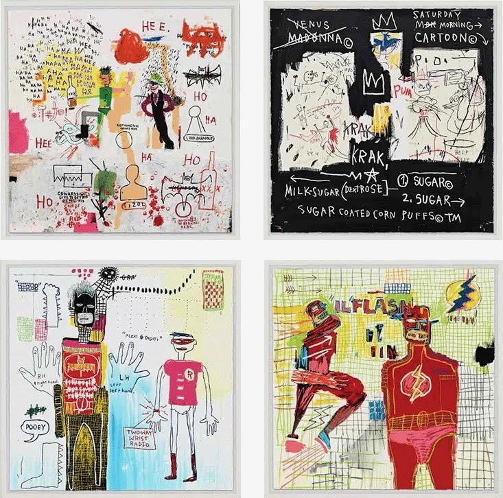 Jean-Michel Basquiat SUPERHERO PORTFOLIO (RIDDLE ME THIS, A PANEL OF EXPERTS, PIANO LESSON, AND FLASH IN NAPLES), (1982-87/2022) A portfolio of four hand pulled limited edition screenprints Riddle Me This, A Panel of Experts, Piano Lesson, and Flash In Naples 40 x 40 ins ea. 90 x 90 in 228.6 x 228.6 cm Available at VFA
