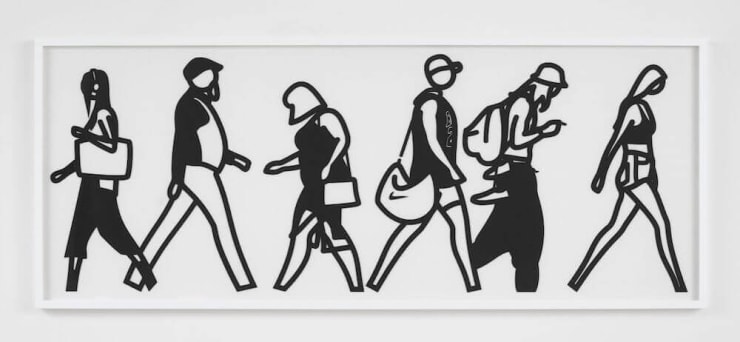 Julian Opie Walking In Melbourne 1, 2018 Laser cut Museum board relief prints, presented in sprayed white frames specified by the artist 25h x 62w inches Edition of 45