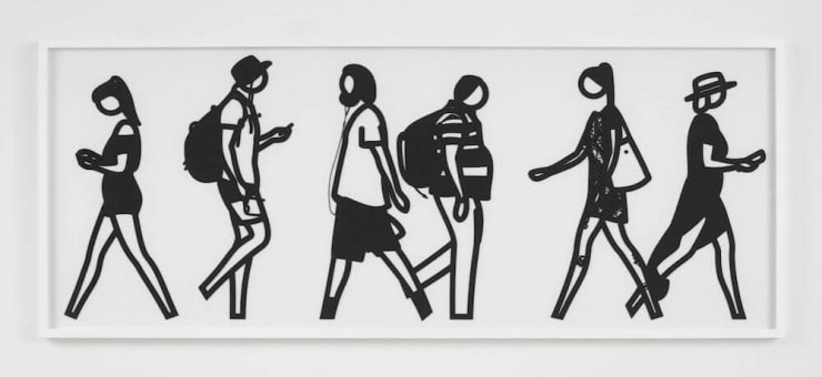 Julian Opie, 2018 Walking in Melbourne 6 2018 Laser cut Museum board relief prints, presented in sprayed white frames specified by the artist 25 x 62 inches Edition of 45 For sale at VFA