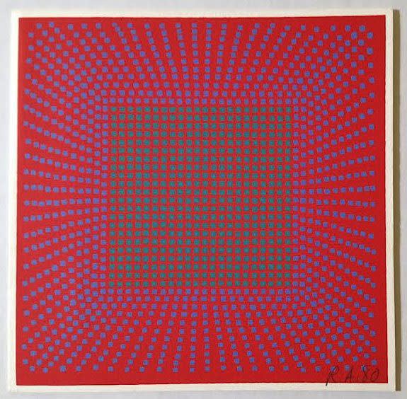 Available at VFA: Richard Anuszkiewicz Annual Edition, 1980 Screenprint on card stock 6h X 6w in. Pencil initialed lower right “R.A. ’80”