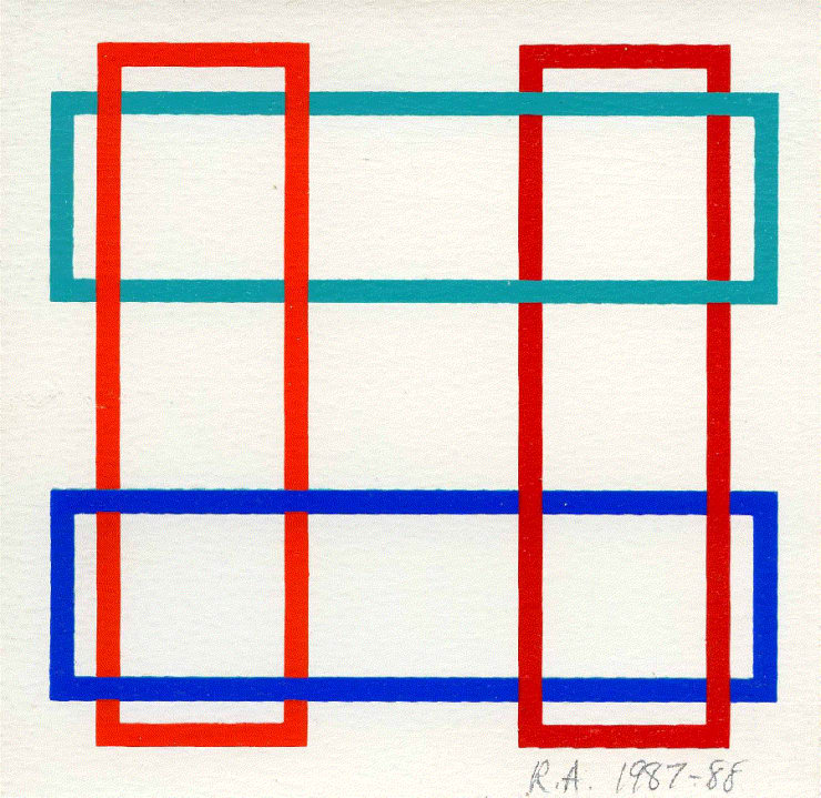 Available at VFA: Richard Anuszkiewicz Annual Edition, 1987-88 Screenprint on card stock 5.5h X 5.5w in. Pencil initialed lower right “R.A. 1987-88”