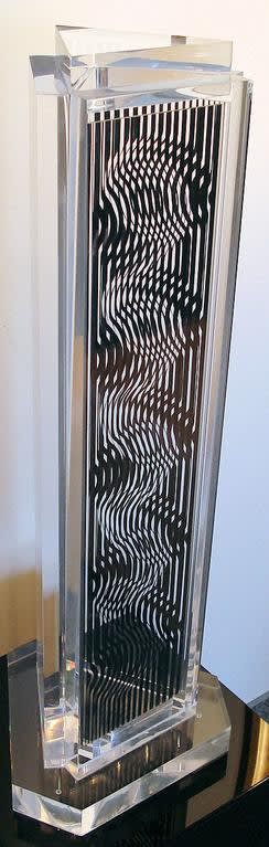 Victor Vasarely Holid, Moire Tower, 1988 Acrylic with three screen printed sides 26.5 x 7 inches Edition 88/200 For sale at VFA