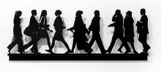 Julian Opie City Walkers l, 2014 Powder coated, laser-cut steel relief, 11.25h X 29.63w X 1.5d in., Edition of 50