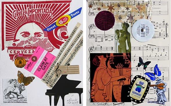 Collages by Nathan Gluck (from left): Claim at Gate, collage on paper, 2007; Slibowitz Seranade, collage on paper, 2003.
