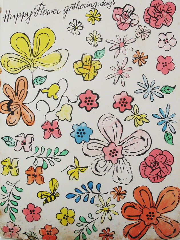 Andy Warhol, “Happy Flower Gathering Days,” promotional folder for Vanity Fair Lingerie, mid-1950s. Flower stamps created by Nathan Gluck
