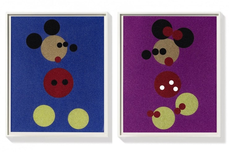 Damien Hirst Minnie (Pink Glitter) & Mickey (Blue Glitter), 2015 Screenprint in colors with glitter on heavy wove paper 34.50h x 27.50w in 150