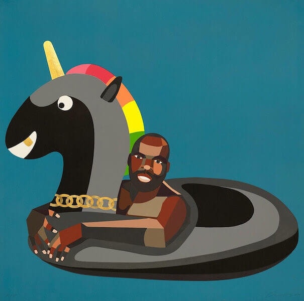 Derrick Adams Self Portrait on Float, 2019 Woodblock, gold leaf and collage 40h x 40w in 101.60h x 101.60w cm 11/50