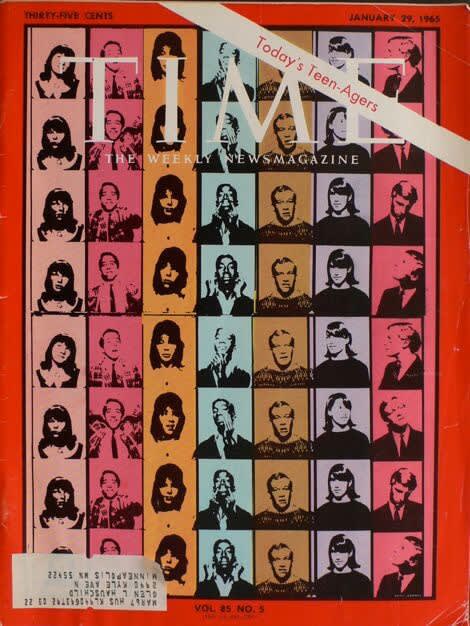 Jan 29, 1965 Warhol TIME magazine cover. The images are photo booth portraits of seven teenagers related to TIME magazine staffers