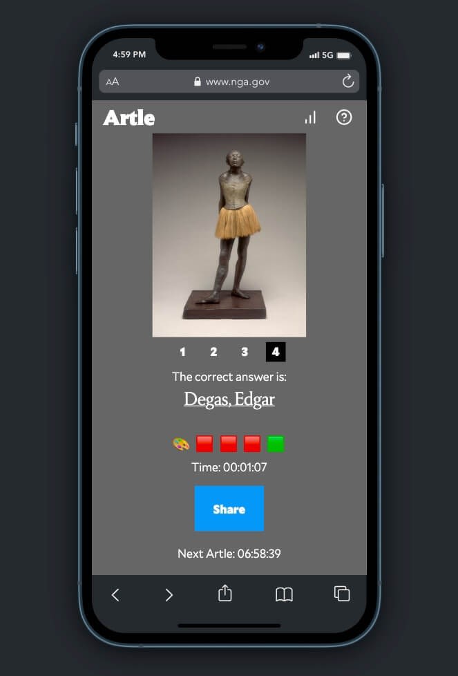 The “Artle” answer on this day was Degas. National Gallery of Art, Washington