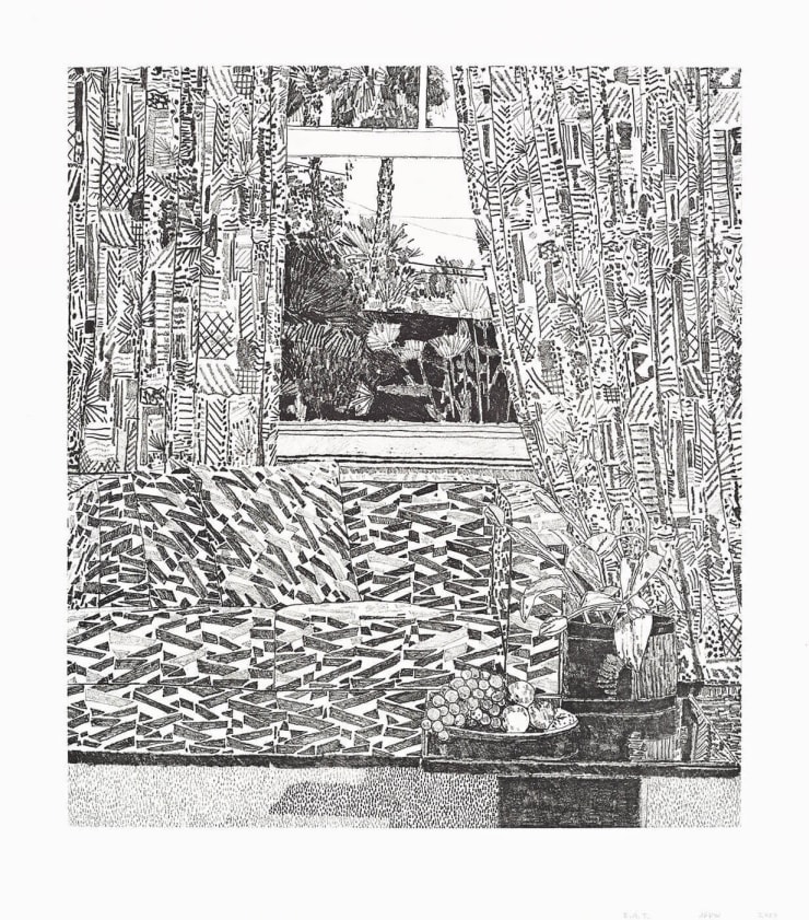 Jonas Wood Pattern couch Interior with Mar Vista View, 2020 Softground etching 29h x 25.50w in 35 For sale at VFA
